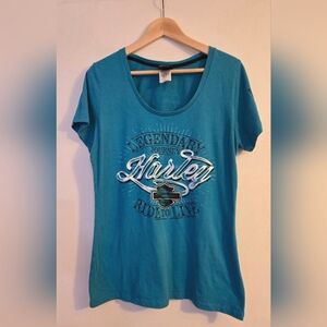 Harley Davidson Graphic Tee Turquoise Blue Size XL EUC‎